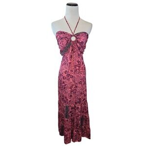 Silk Halter Maxi Dress Pink Floral Paisley Boho Adjustable ties One Size New
